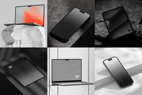 Collage of monochrome tech mockups featuring smartphones, tablets, and laptops for design presentations, digital assets for graphic designers.