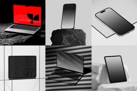 Six tech device mockups featuring a laptop, smartphones, and tablets in various stylish monochrome settings for design presentations.