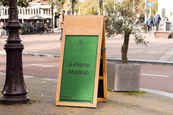 Outdoor A-Frame signboard mockup on a city sidewalk with text space, ideal for designers looking to showcase advertising graphics.