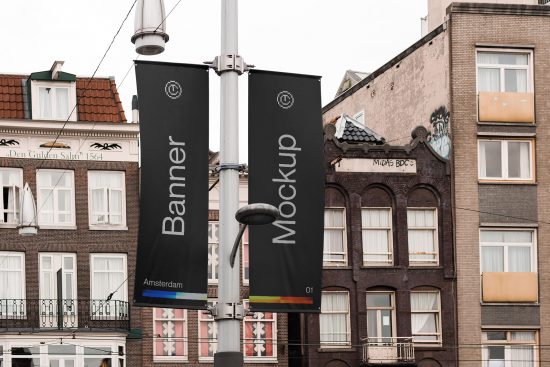 Urban street banner mockup hanging on a lamp post with European city background perfect for designers to showcase advertising designs.