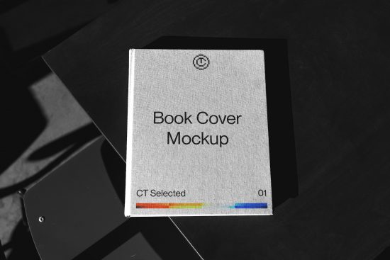 Elegant book cover mockup on dark table with a strong shadow, showcasing realistic textures for presentation, ideal for designers' portfolios.