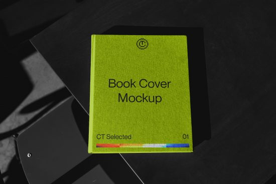Bright green book cover mockup with modern design on dark textured background, ideal for presentations and portfolios in templates category.