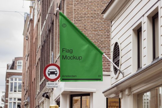 Urban exterior flag mockup hanging on building facade, perfect for branding presentations and outdoor ad designs.