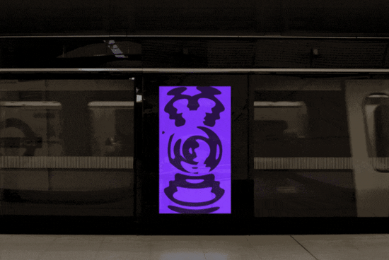 Animated billboard mockup with vibrant purple graphics, located in a subway station, reflecting on train's surface, for advertising design.
