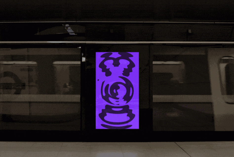 Animated billboard mockup with vibrant purple graphics, located in a subway station, reflecting on train's surface, for advertising design.