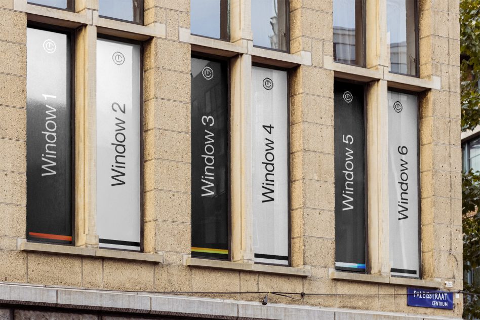 Building facade with six labeled windows, realistic urban mockup, architectural design display, stone texture, city environment.