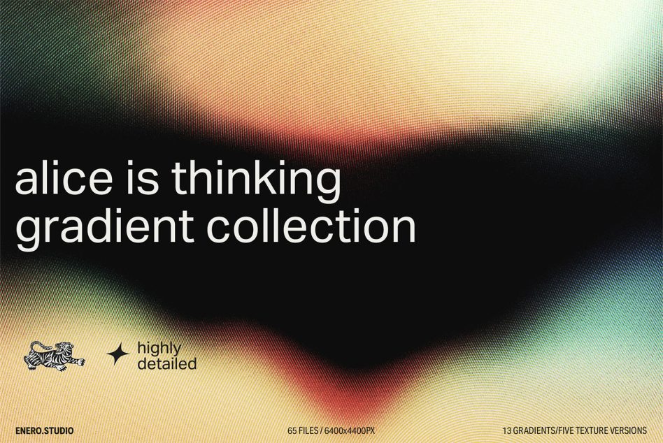 Alice is Thinking gradient texture collection ad, 65 high-resolution files, designers asset for vibrant graphics and templates.