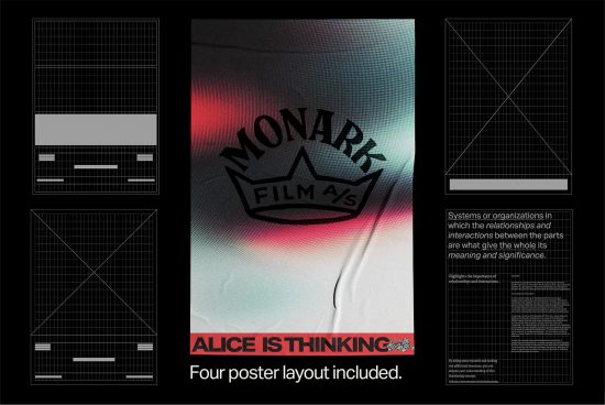 Creative poster templates with grid layouts and holographic textures for film branding, mockup design set for versatile graphic projects.