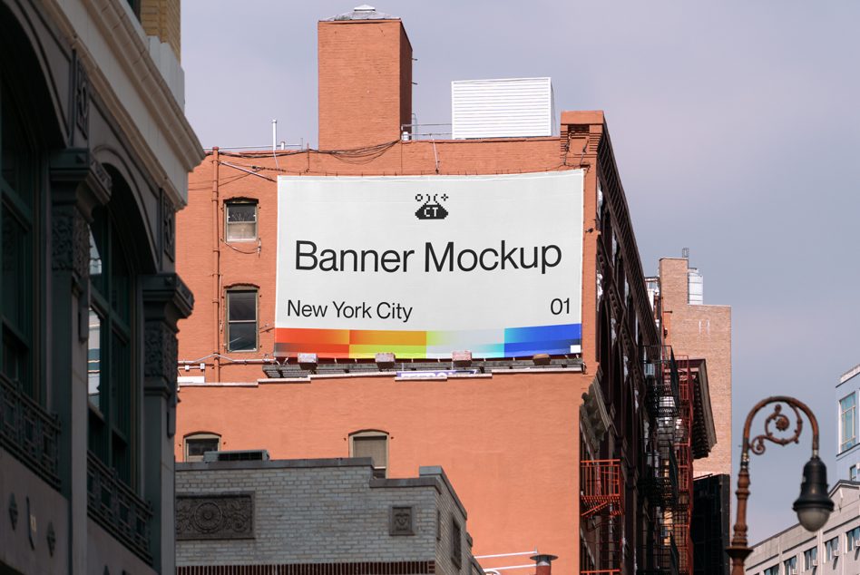 White banner mockup with rainbow stripe on NYC building rooftop