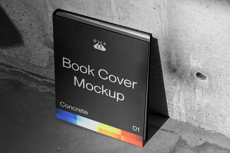 Black hardcover book mockup with rainbow gradient spine against concrete