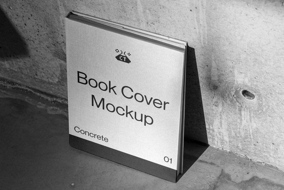 White hardcover book mockup with black spine leaning against concrete wall
