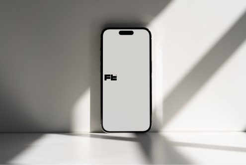 iPhone 14 Pro mockup centered on neutral background with linear light shadow