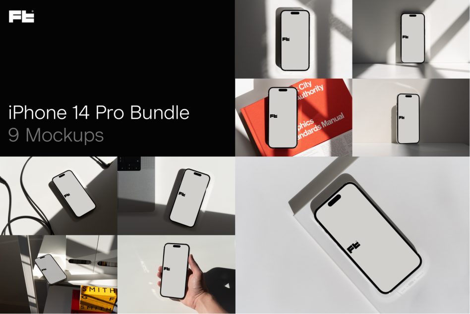 iPhone 14 Pro bundle with 9 mockups showing various angles, lighting, props