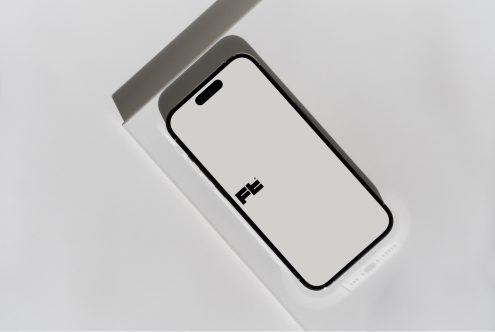 iPhone 14 Pro mockup angled on white box with gray fabric backdrop