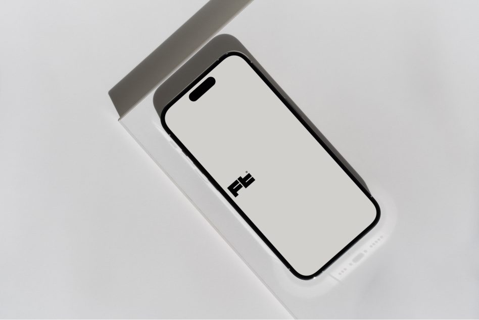 iPhone 14 Pro mockup angled on white box with gray fabric backdrop