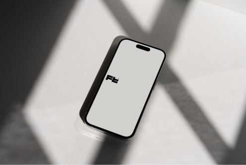 Minimalist smartphone mockup positioned on white with geometric shadow overlay