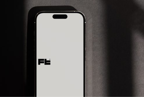 iPhone mockup front view with notch displaying logo on screen