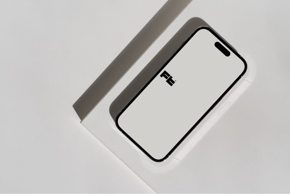 iPhone 14 Pro mockup diagonal layout on white surface with neutral paper accent