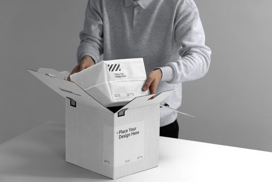Person unpacking a customizable white box mockup with place your design here text ideal for presentations and branding mockups