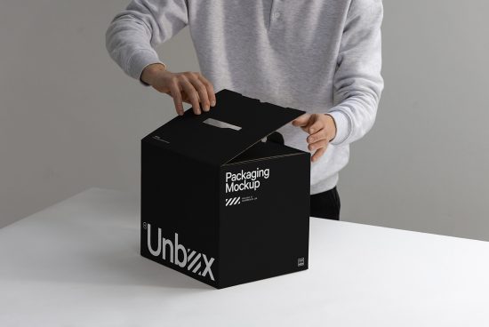 Person opening a sleek black package with the words Packaging Mockup, ideal for designers seeking realistic box mockups in the Mockups category.