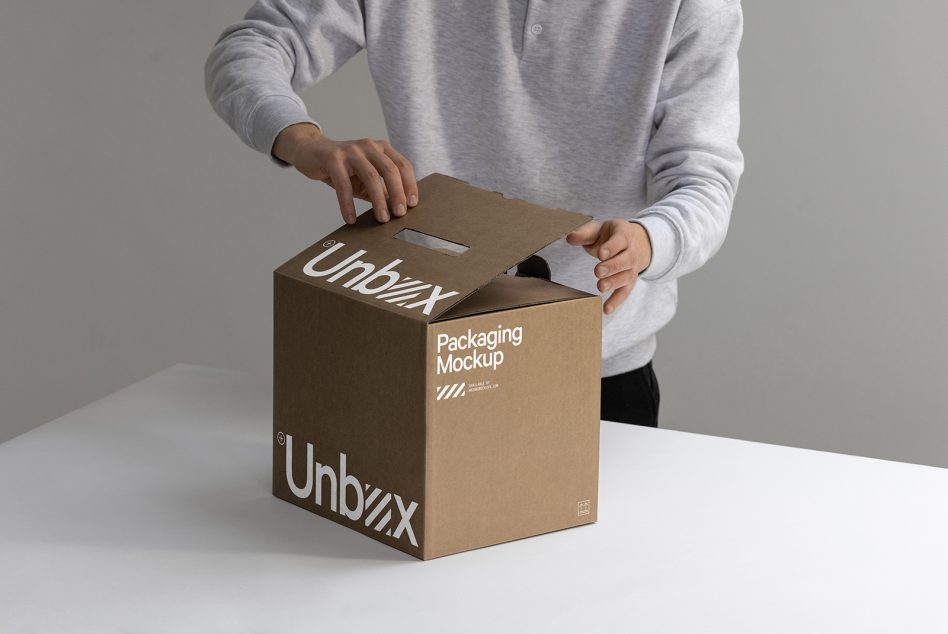 Person opening a cardboard box with stylish branding, ideal for a realistic packaging mockup design presentation.