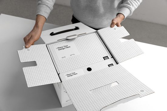 Person holding an open pizza box packaging mockup with grids and areas for design placement, showcasing product mockup capabilities for designers.