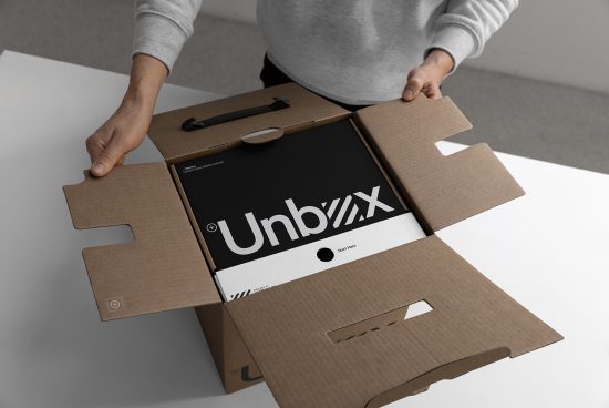 Person opening cardboard packaging box revealing branding mockup design with modern typography, ideal for stationery, packaging designers.