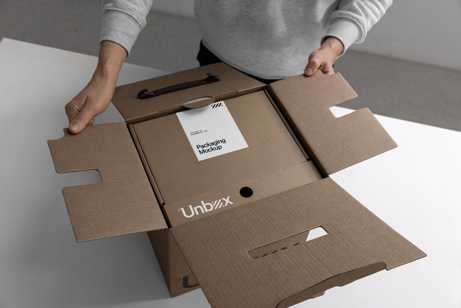 Person opening cardboard packaging box mockup, showcasing design and branding, ideal for presentation in portfolio.