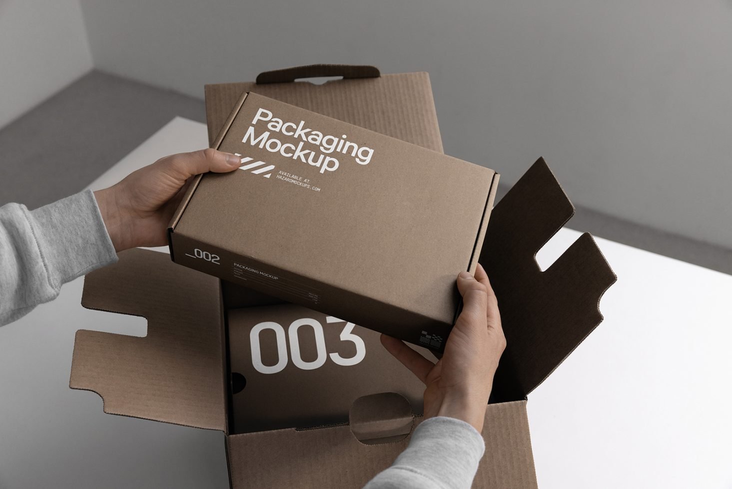 Hands holding a cardboard packaging mockup with a simple design, ideal for product presentations and branding projects for designers.