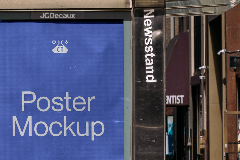 Blue poster mockup in glass street case with white sans-serif type