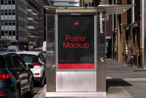 Red neon poster mockup against black background in city kiosk
