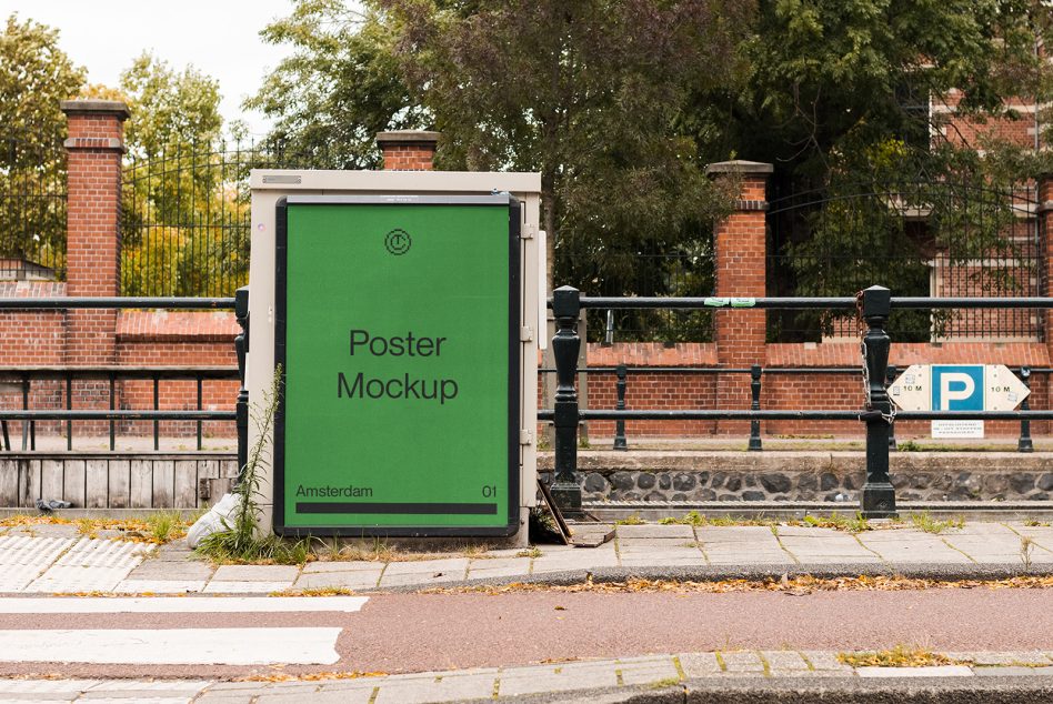 Green poster mockup on public notice board by brick wall