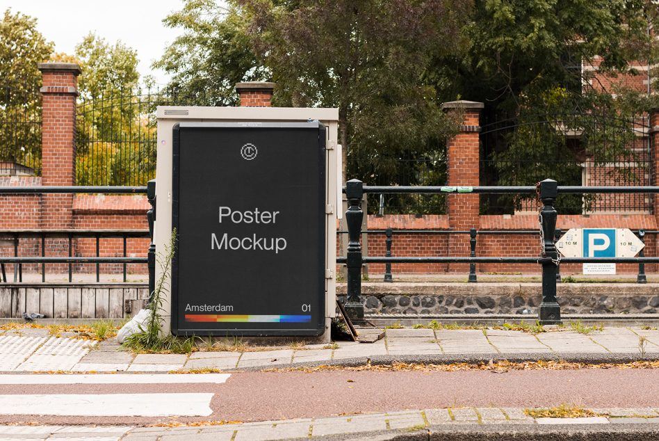 Street poster mockup on black panel mounted on brick wall with metal railings