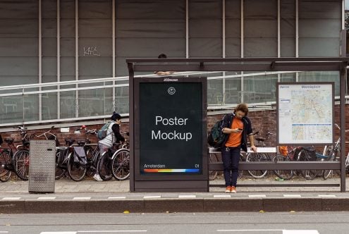 Dark poster mockup on street shelter with rainbow color bar