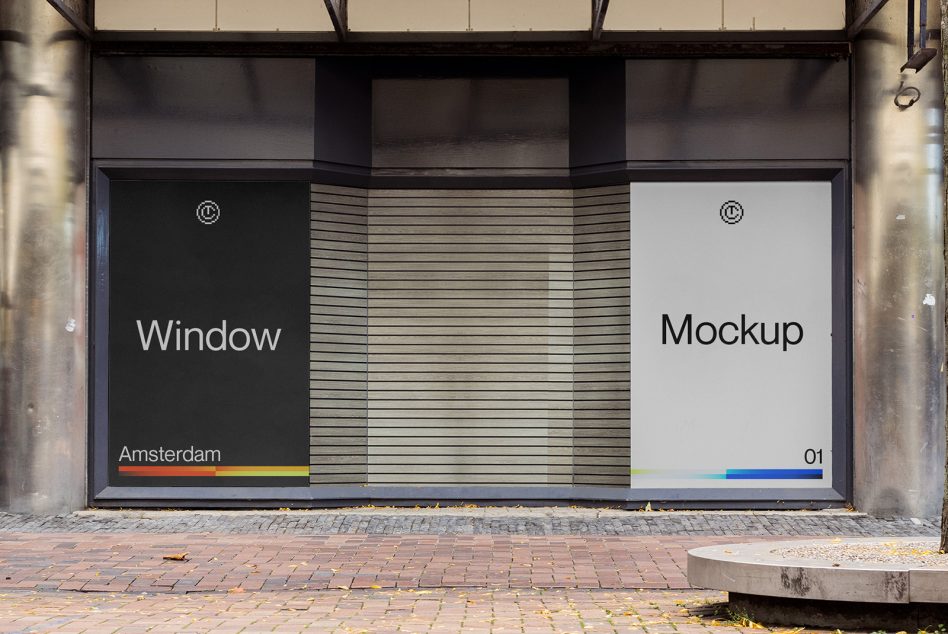 Dual storefront display with dark left panel plus light right panel with color bar