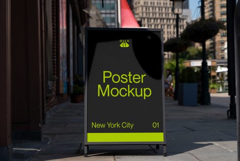 Neon lime poster mockup on dark board in outdoor city location