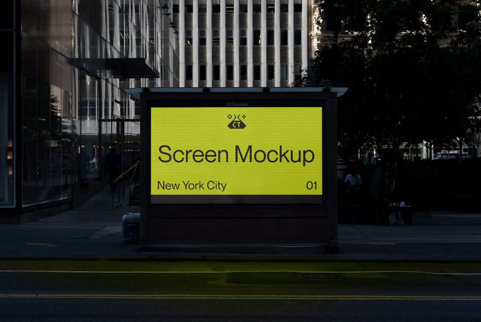 Bright lime green billboard mockup with black text on NYC street