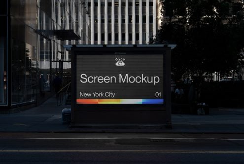 Dark digital billboard mockup with gray screen display in city