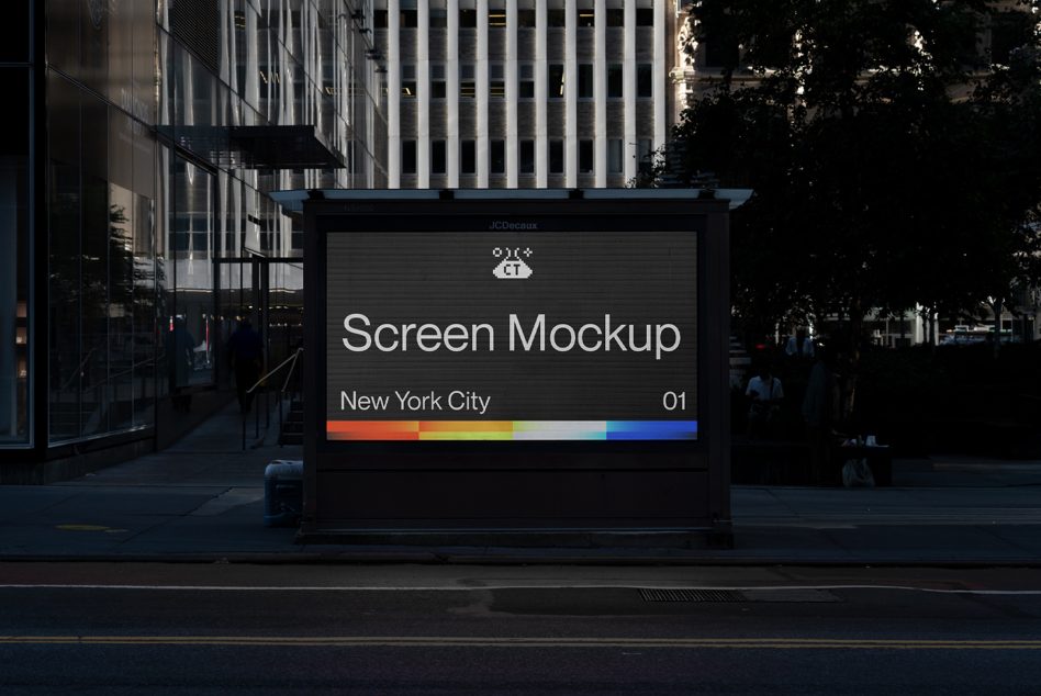 Dark digital billboard mockup with gray screen display in city