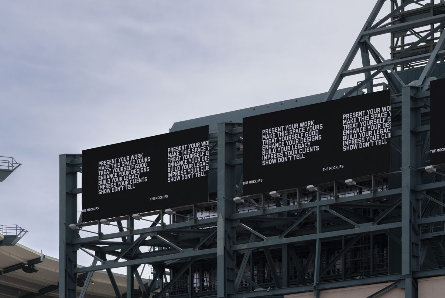 Billboard mockups on stadium advertising screens in daylight, showcasing design space for graphic presentation.