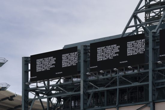 Billboard mockups on stadium advertising screens in daylight, showcasing design space for graphic presentation.