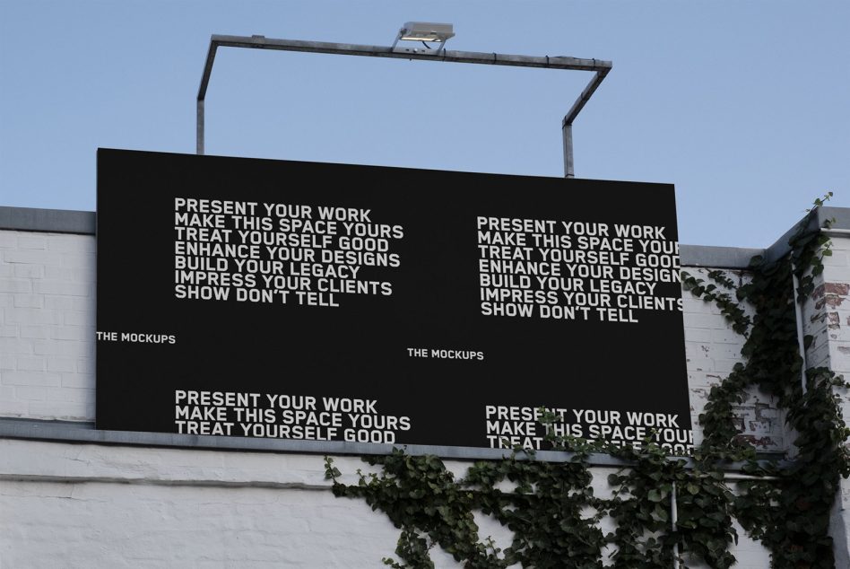 Black billboard mockup mounted on brick building with white text layout in four sections