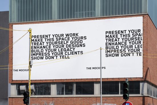 Billboard mockup on building facade with inspirational design slogans for advertising, showcasing graphic work, ideal for designers and agencies.