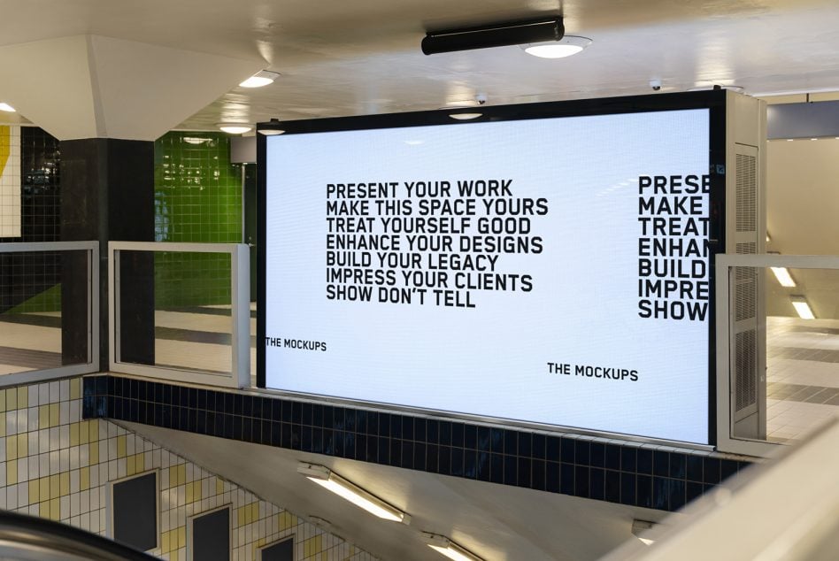 Underground transit space with light blue billboard mockup displaying dark typography