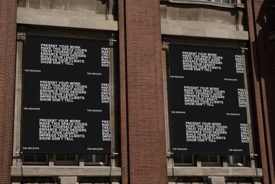 Banner mockups displayed on urban building facade with inspirational design phrases for presentations and client impressing visuals.