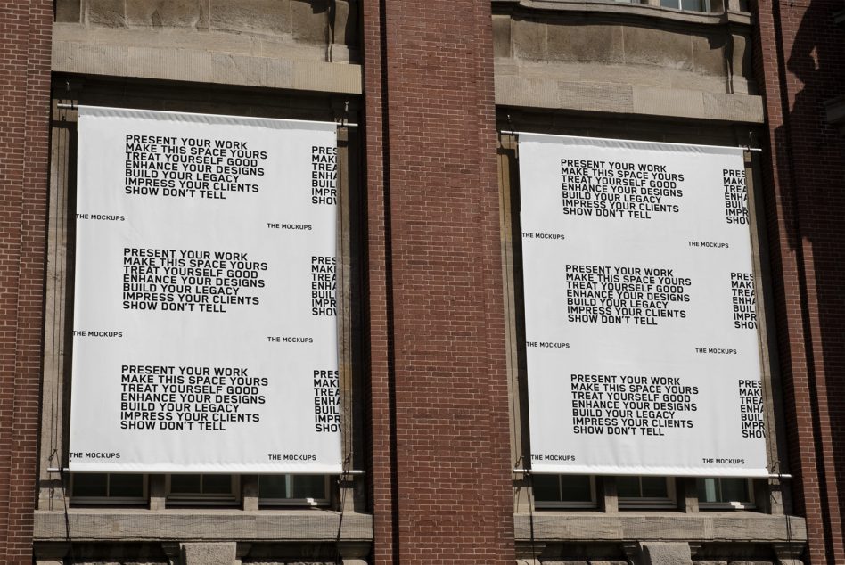 Urban building banners mockup for designers showcasing text graphics. Ideal for presenting branding, advertising and typography designs.