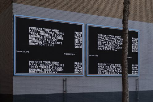 Urban billboard mockups on brick wall displaying design space for graphic presentations, visible tree, and clear sky. Ideal for showcasing advertising.