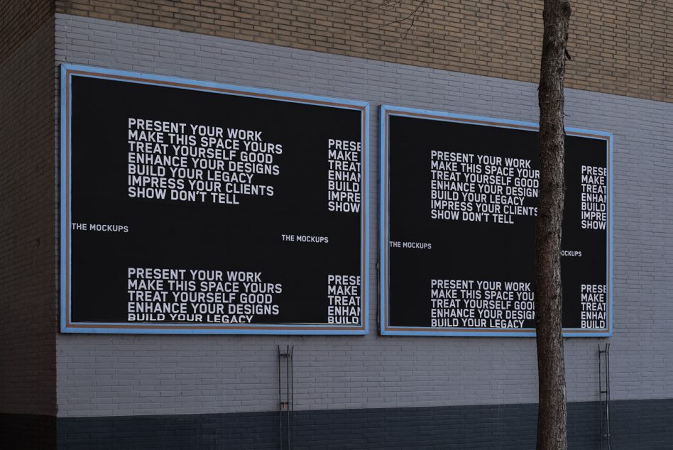 Street level banners with bright blue frames on white brick wall against dark backdrop