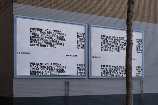 Urban billboard mockups on brick wall for outdoor advertising design presentation, with text graphics for showcasing work to clients.