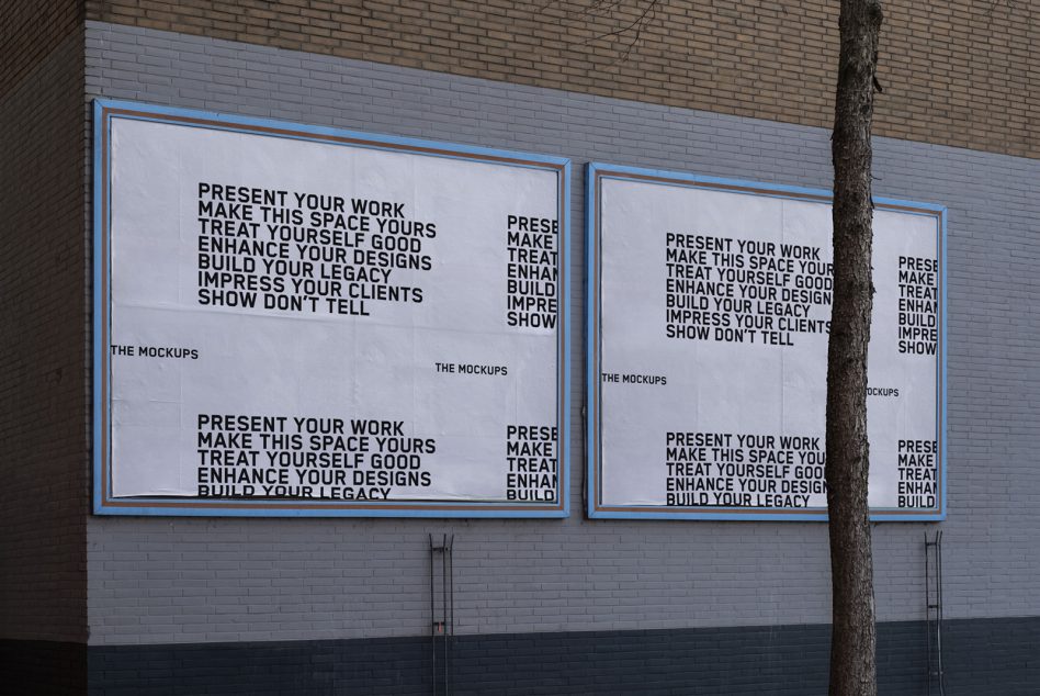 Blue-framed lightbox displays on brick wall showing repeating text layout mockup